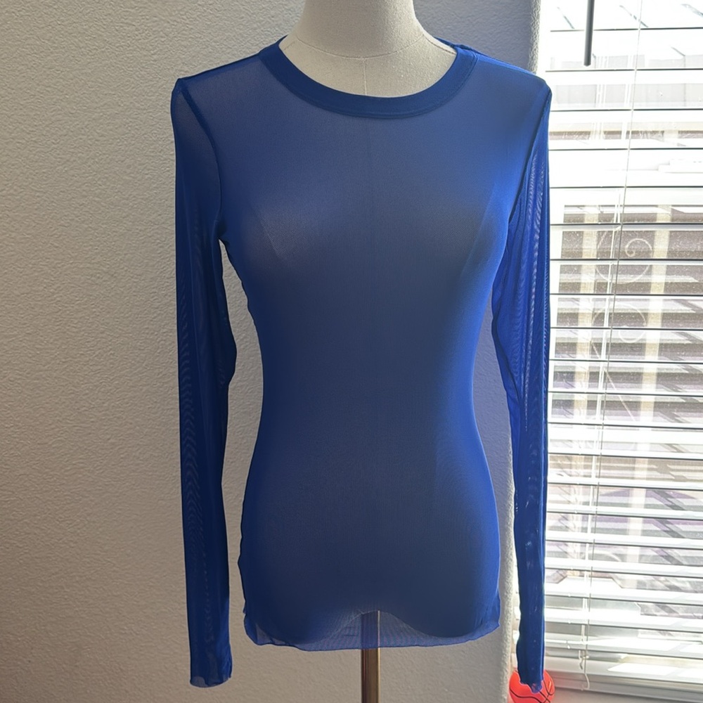 Naked Wardrobe Sheer Blue Fitted Long Sleeve Top Size Medium